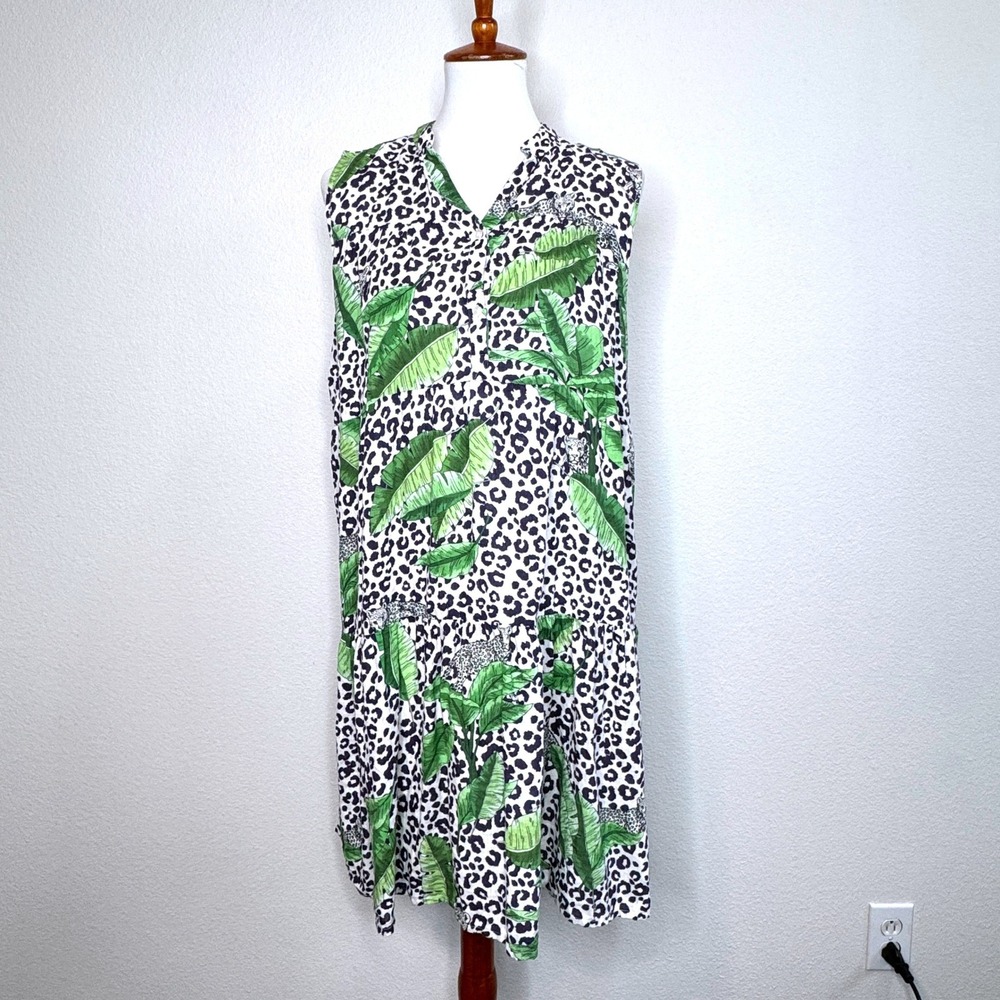 VILAGALLO 100% Linen Sleeveless Tiered Dress 14 (48) Lined Animal‎ Print Safari